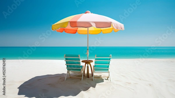 Fototapeta lounge chairs on the beach. beach chair and umbrella, vacation background. Edited generative ai	
