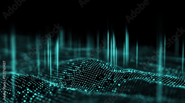 Fototapeta Abstract 3D landscape made of glowing data points, visualizing digital waves and futuristic data flow.
