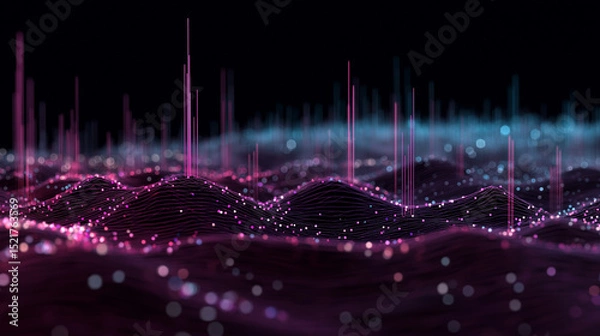Fototapeta Glowing 3D abstract landscape of pink and blue particles forming digital waves and peaks on a dark background.
