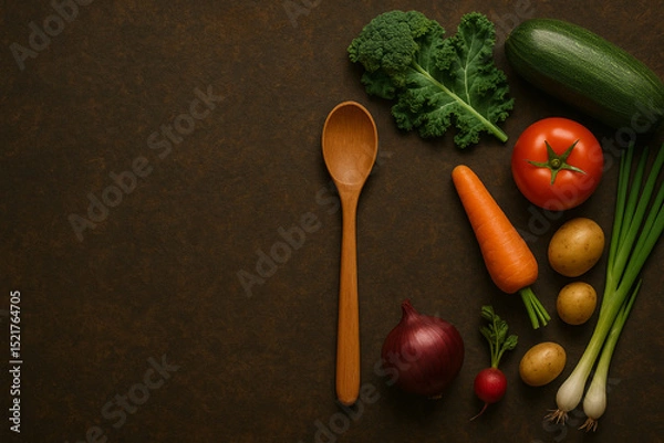 Fototapeta Rustic Freshness: Organic Vegetables and Wooden spoon with fresh organic vegetables on old background with space for texts on the left side