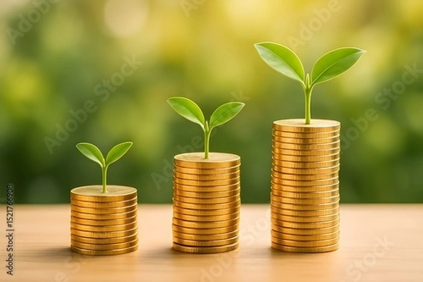 Fototapeta Symbol of investment and economic success with three ascending stacks of coins and green plant sprouts. Financial progress. Money. Investment. Budget. Business. Savings. Charity.
