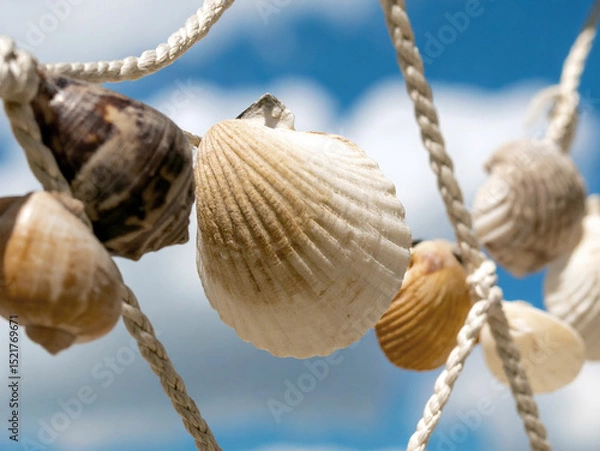 Obraz A close-up of various shells hung on a textured net, highlighting their unique patterns and natural beauty.