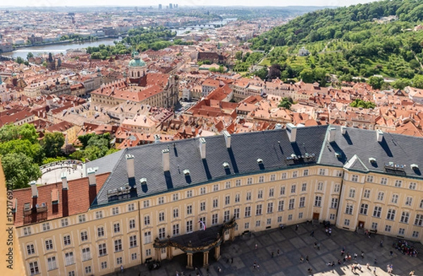 Fototapeta View of the Royal Court Vltava and Old Town from bell tower of St Vitus Cathedral in Prague in Czech Republic