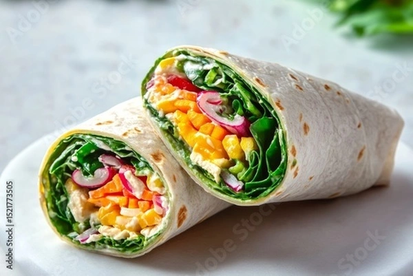 Fototapeta A salad wrap featuring layers of lettuce, mango, and radish is elegantly placed on a clean table. The wrap is cut in half, revealing its fresh ingredients, inviting a healthy meal choice