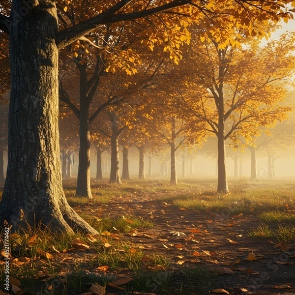 Fototapeta Autumn Trees with Yellow Leaves in Forest