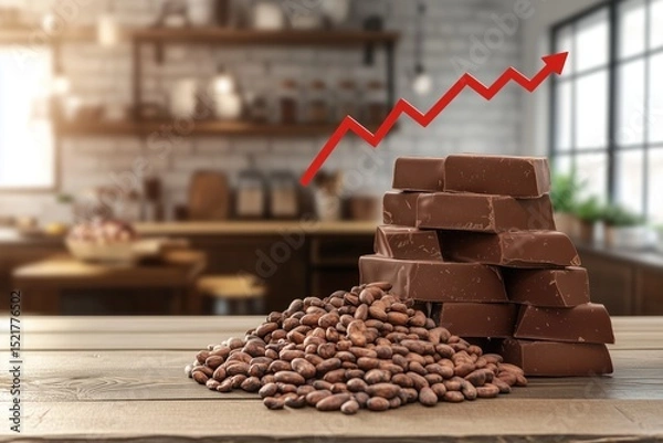 Fototapeta Chocolate price increasing, cocoa beans and chocolate bars with upward trend arrow, copy space