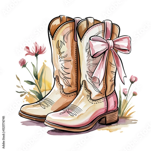 Fototapeta Two cowboy boots adorned with intricate designs are decorated with a pink bow, set against a backdrop of delicate flowers