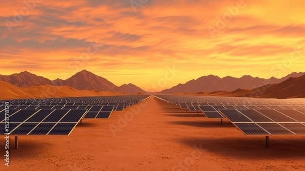 Obraz Vast Solar Panel Installation under Majestic Sunset in Desert Landscape Perfect for Renewable Energy Imagery