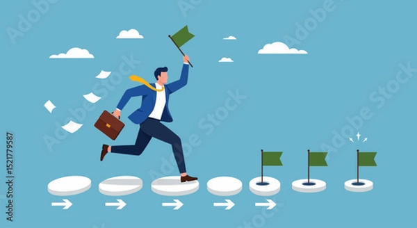 Fototapeta Milestone or roadmap achievement, business success journey, progress to reach goal, motivation to accomplishment, aspiration concept, businessman run to grab completed milestone success flag.