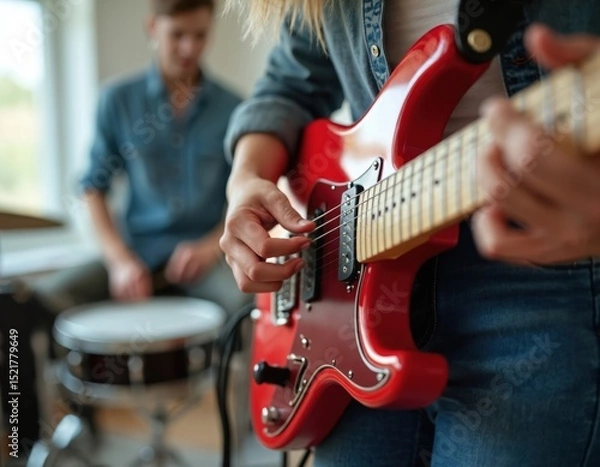 Fototapeta Young female musician plays electric guitar. Close-up of hands strumming strings on red guitar in practice. Drum set in the background. Friendship and musical skill during band rehearsal.