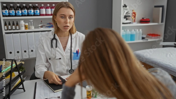 Fototapeta Doctor and patient in clinic office, with medical tools in background, showcasing professional healthcare environment with two women engaged in discussion.