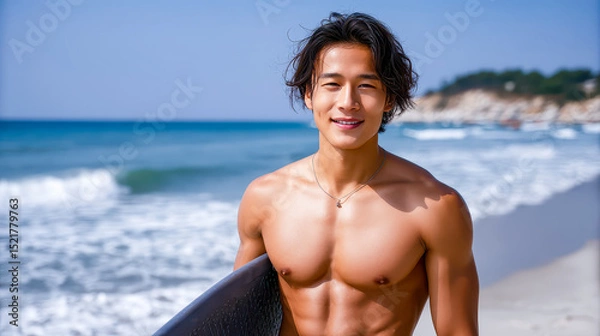 Obraz Smiling surfer embraces the sun and waves at a vibrant coastal beach during a perfect summer day