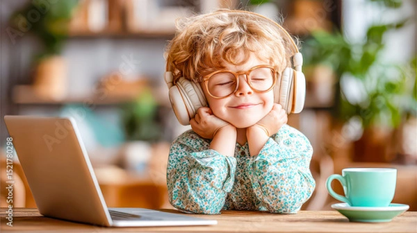 Obraz Enjoying a moment of music joyfully at a cozy cafe with headphones and a warm beverage