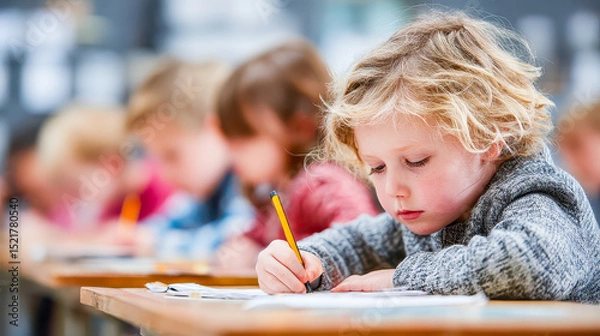 Obraz Young child focused on drawing in a lively classroom environment filled with classmates engaging in creative activities
