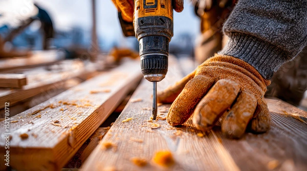 Obraz Crafting wooden structures with precision and skill during a golden hour construction project in a serene outdoor setting