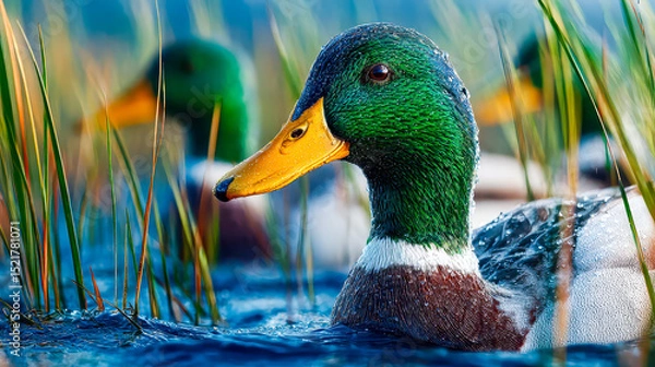 Obraz Colorful mallard ducks gliding through serene waters surrounded by lush green grass in a tranquil natural setting at dawn