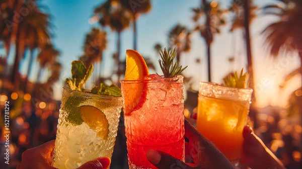 Obraz Refreshing cocktails raised high amidst palm trees at sunset in a vibrant beachside gathering