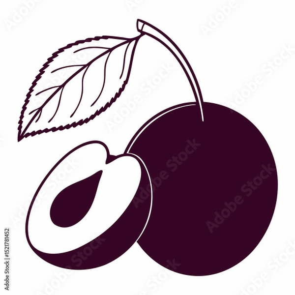 Fototapeta Simple Purple Plum Fruit with Green Leaf – Vector SVG Illustration