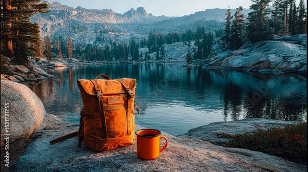 Obraz Explore the tranquility of a peaceful lakeside sunrise with a trusty backpack and warm coffee in the wilderness