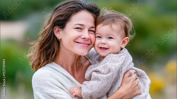 Obraz Joyful mother and toddler sharing a warm embrace in a serene outdoor setting during golden hour sunshine