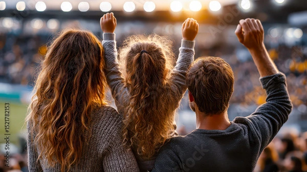Obraz Family cheers together in excitement during a match at a vibrant stadium on a sunny evening