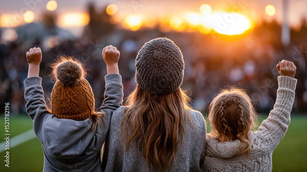 Obraz Cheering at dusk with family during an exciting soccer match under a vibrant sunset
