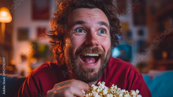 Obraz Excitement fills the air as a cheerful man enjoys a cozy movie night with popcorn in a warmly lit living room setting