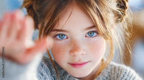 Obraz Bright-eyed girl playfully waving at the camera, showcasing her charming freckles in a cozy indoor setting during daylight hours