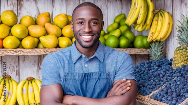 Obraz Smiling vendor in a vibrant fruit market showcasing fresh produce with enthusiasm and joy during a sunny day