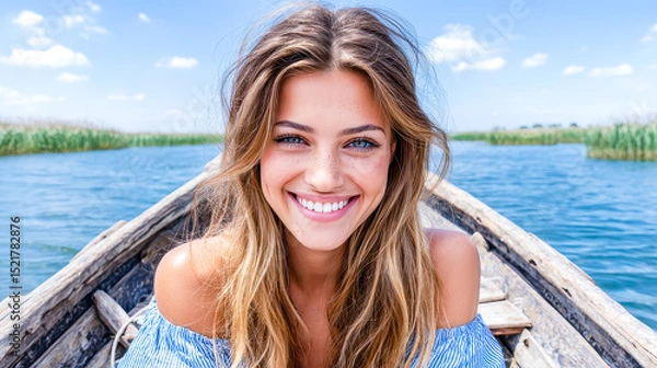 Obraz Radiant smile shines bright on sunny day as girl enjoys scenic boat ride on tranquil waters surrounded by lush greenery