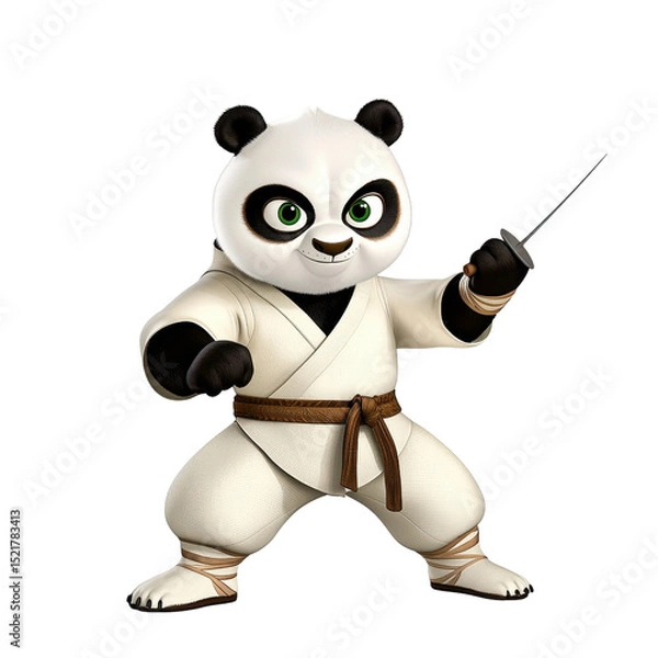 Fototapeta A playful cartoon panda, rendered in 3D, is depicted in a martial arts stance. The panda wears a cream colored karate gi and holds a long, thin dagger. The background is transparent. 