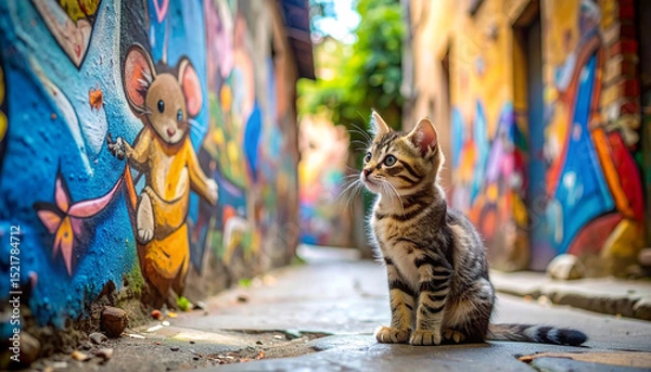 Fototapeta An AI generated image of a cute kitten looking at graffiti artwork of a mouse in an alley