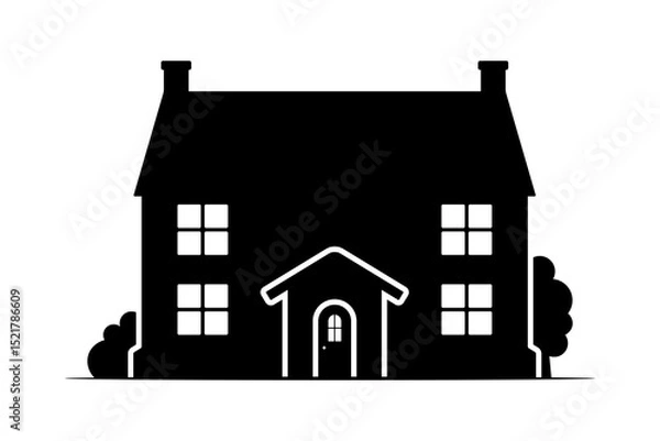 Obraz Two-storey house and trees icon. Black silhouette. Front view. Vector simple flat graphic illustration. Isolated object on white background. Isolate.