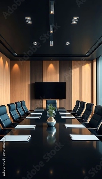 Fototapeta conference room with a black table and blue chairs
