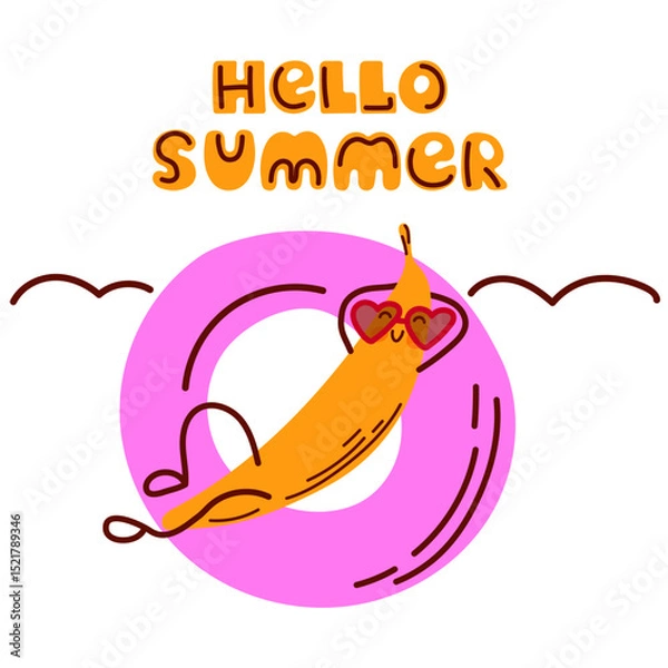 Fototapeta Banana relaxing in pool float. Hello summer card. Funny summer illustration. kids designs, t-shirts, cards, and beach-themed projects. Vector illustration