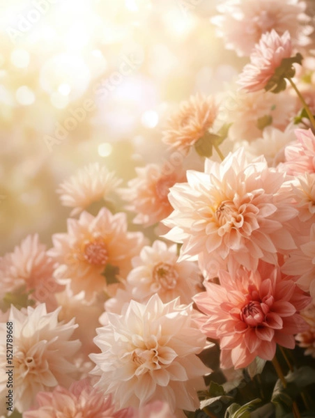 Fototapeta A beautiful floral background with large, multicolored dahlia flowers with copy space