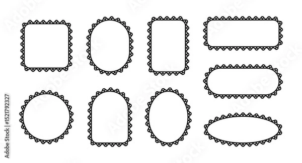 Obraz Frame with lace edge. On the border is a scallop pattern. Ornament in the form of circle, ellipse and rectangle. Set of vector illustrations isolated on a white background.