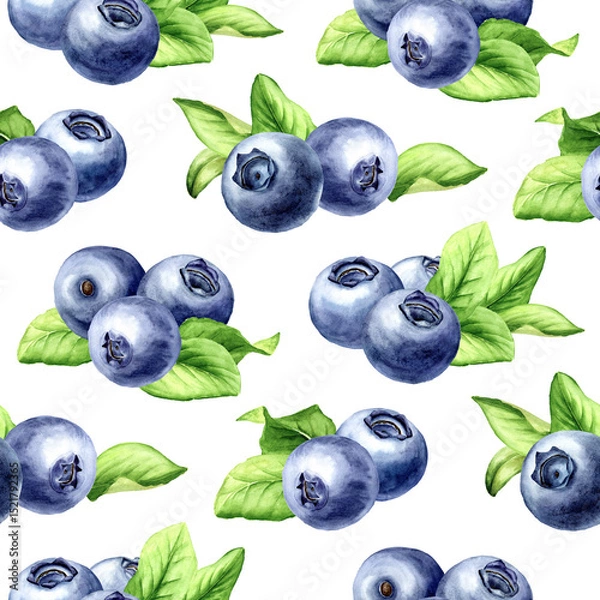 Fototapeta Blueberry seamless pattern. Hand drawn watercolor illustration, isolated on white background.tif