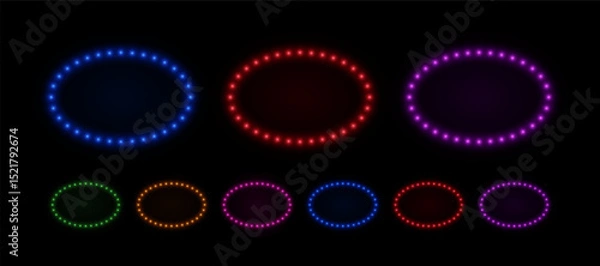 Obraz Light neon bulbs oval frame. Ellipse border with led glow of lamps. Set of vector retro elements for advertising casino, parties and cinema.