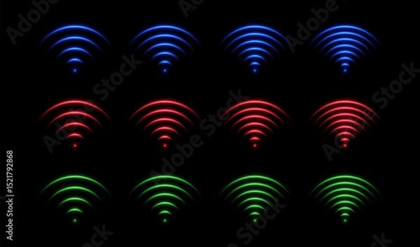 Obraz Wifi signal light effect. Sound wave or radar neon glow. Set of isolated vector elements on black background.