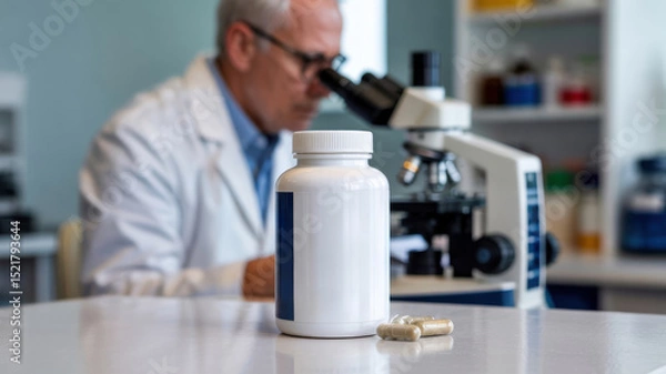 Obraz A photo of a white food additive bottle with an empty label. The setting is a minimalistic laboratory. In the background, a doctor in a white coat is depicted looking through a microscope.