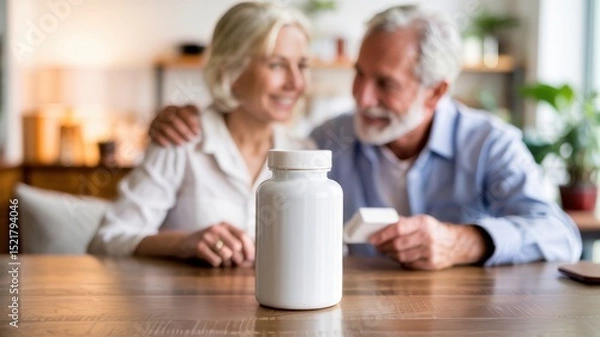 Obraz A white bottle with a food additive. In the background, there is a blurry image of a happy elderly couple looking at a product. A photo with a place for the text.