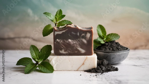 Obraz Promotional photo of soap with mint and Dead Sea mud. Fresh mint leaves and a cup of Dead Sea mud were washed around the soap. A background with a place for the text.
