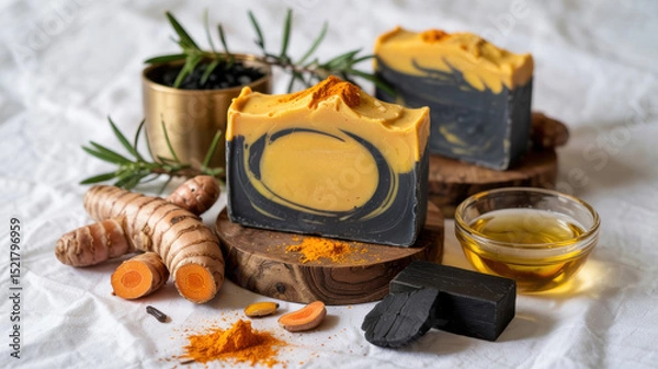 Obraz Promotional photo of cleansing soap with turmeric and charcoal. Bright yellow soap with dark flecks surrounded by turmeric root and a jar of frankincense essential oil.