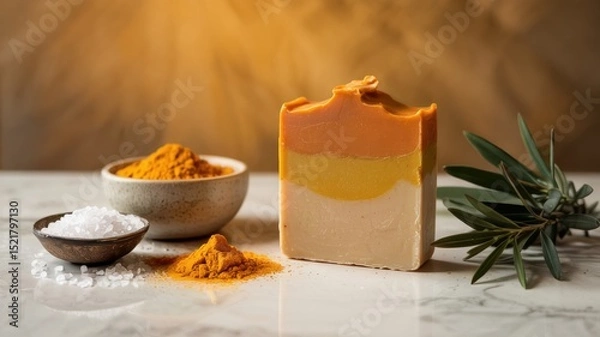Obraz Promotional photo of detox soap with turmeric and sea salt. An orange bar of soap surrounded by sea salt and turmeric powder. A photo with a place for the text.