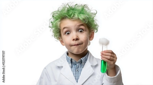 Obraz Curious caucasian child scientist with green hair and test tube, young boy in lab coat