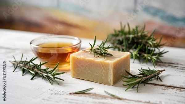 Obraz Promotional photo of soap with apple cider vinegar and rosemary. The bar of soap is light in color with hints of rosemary. Soap surrounded by rosemary sprigs and a cup of apple cider vinegar.