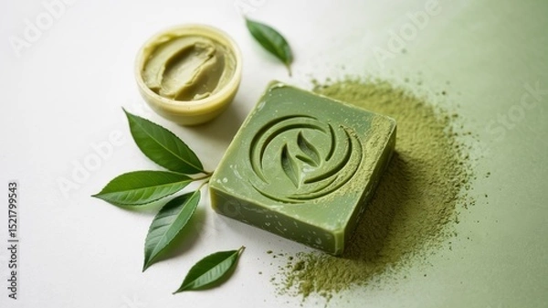 Obraz Promotional photo of Matcha green tea soap.
Next to it, sprinkled with matcha powder, matcha leaves and a bowl of shea butter. A background with a place for the text.