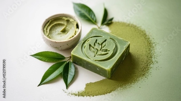 Obraz Promotional photo of Matcha green tea soap.
Next to it, sprinkled with matcha powder, matcha leaves and a bowl of shea butter. A background with a place for the text.