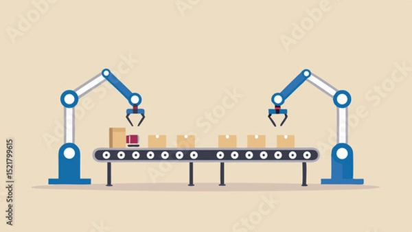 Fototapeta Streamlining package handling with robotic arms on a conveyor belt in a modern warehouse Flat vector with a